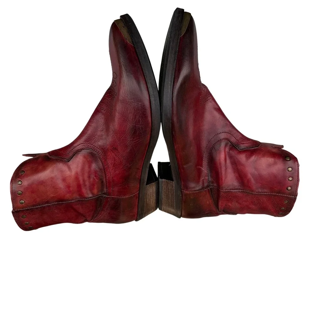 KBR Womens Italian Leather Ankle Cowgirl Boots 42 Burgundy Studded Metal Toe Cap